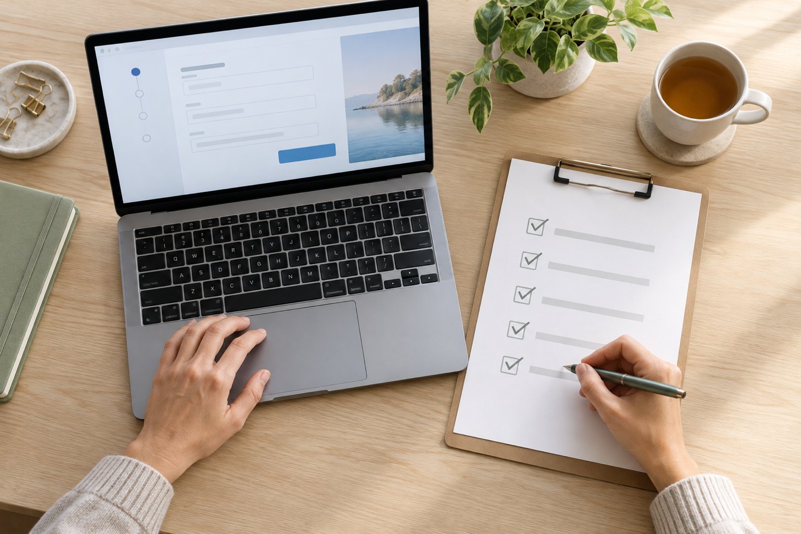 Laptop mit Fragebogen und abgehakte Checkliste